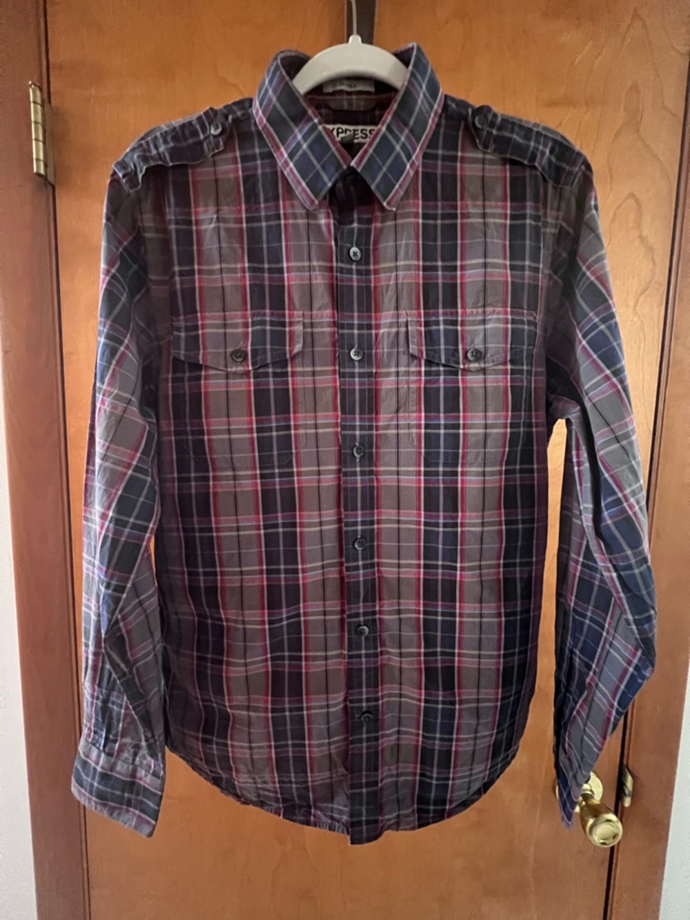 Express Men's Plaid Button-Down Shirt in Gray, Navy and Red